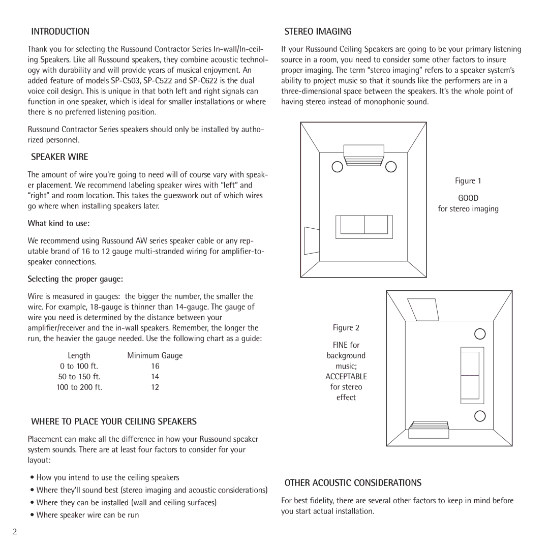 Russound Contractor Series Introduction, Speaker Wire, Where to Place Your Ceiling Speakers, Other Acoustic Considerations 