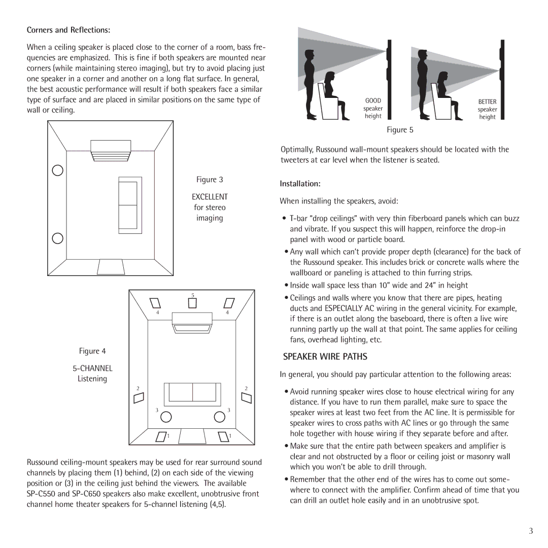 Russound Contractor Series manual Speaker Wire Paths, Corners and Reflections, Listening, Installation 