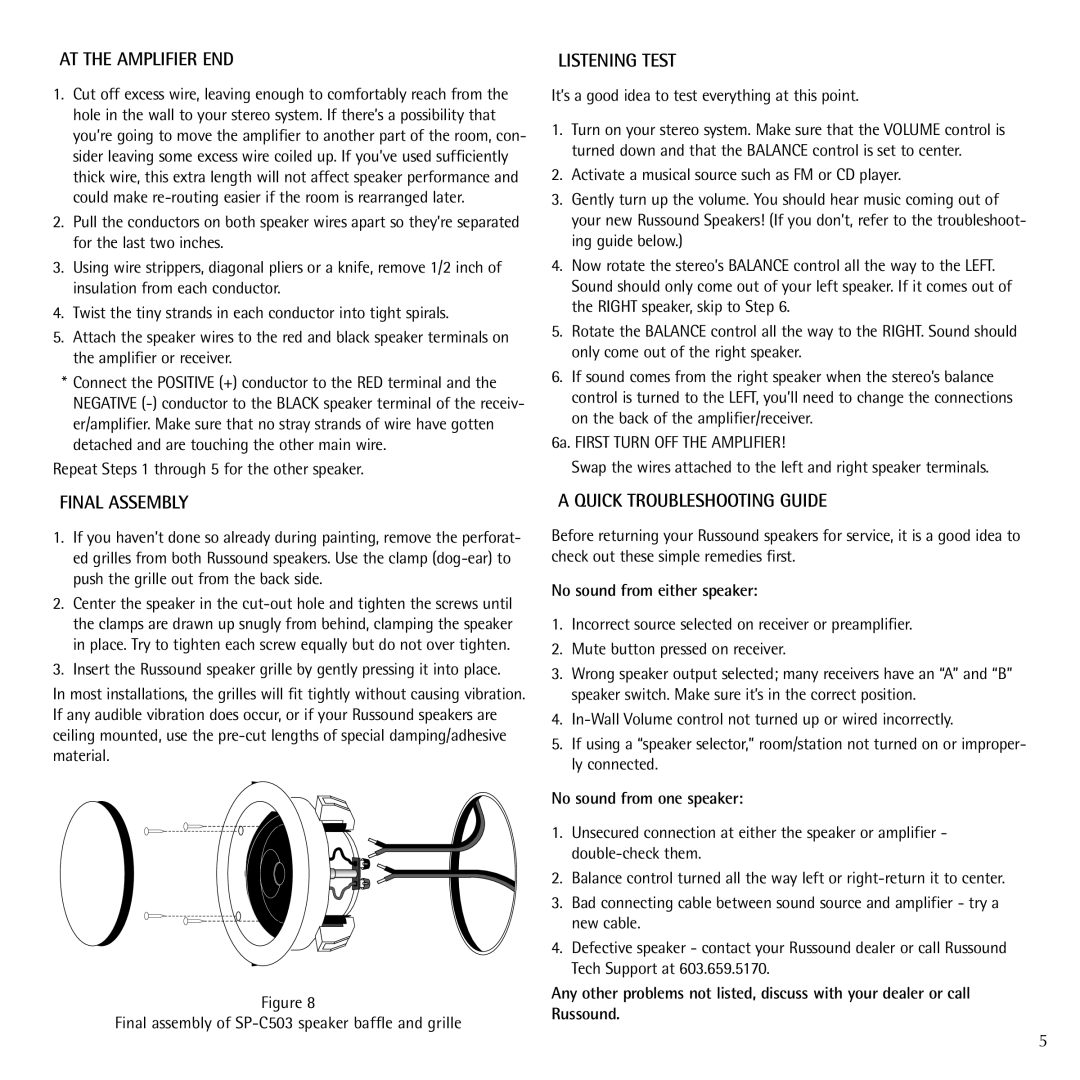 Russound Contractor Series manual AT the Amplifier END, Listening Test, Final Assembly, Quick Troubleshooting Guide 