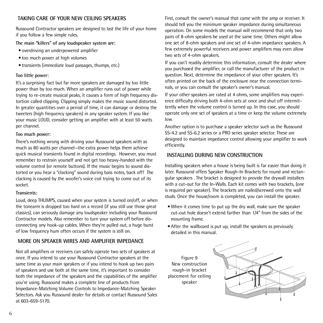 Russound Contractor Series manual Taking Care of Your NEW Ceiling Speakers, Installing During NEW Construction 