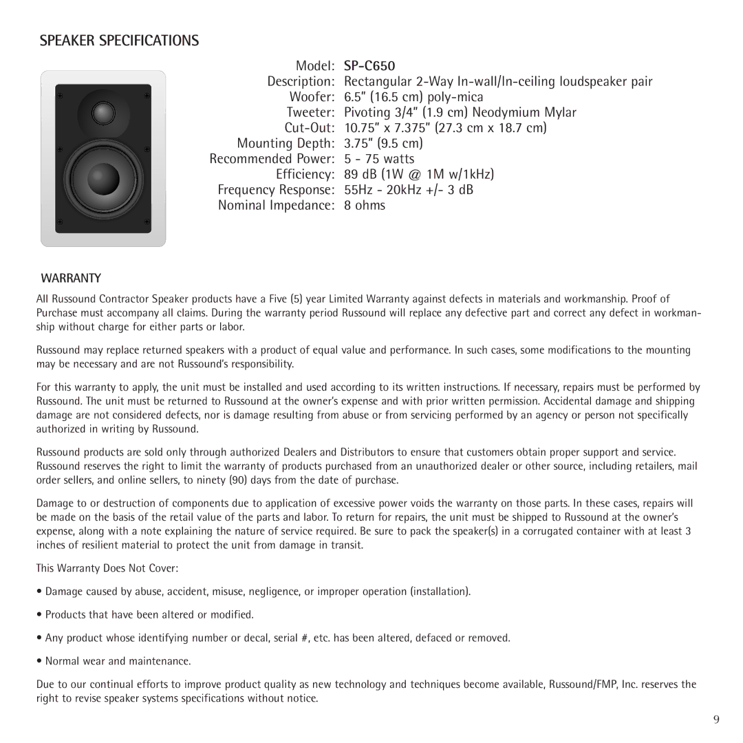 Russound Contractor Series manual SP-C650, Warranty 