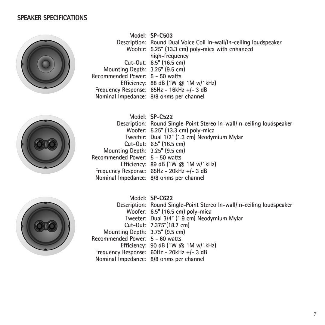 Russound Contractor Series manual Speaker Specifications, SP-C503, SP-C522, SP-C622 