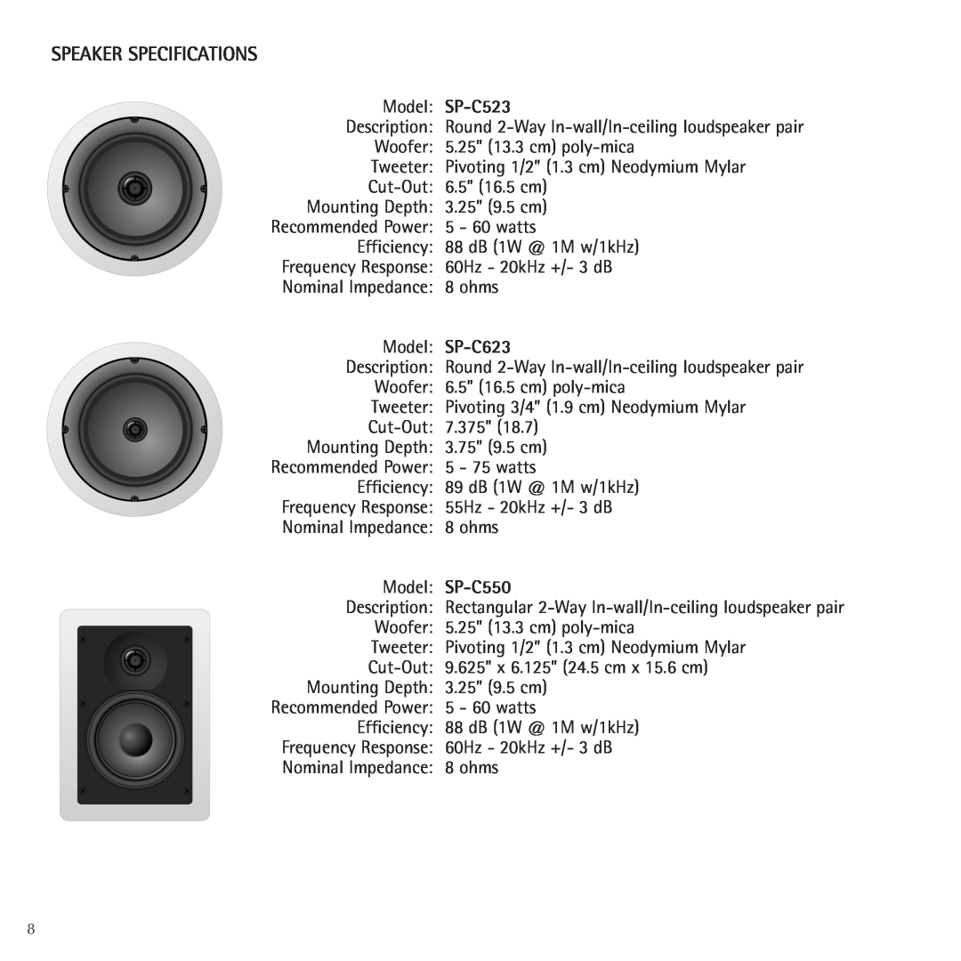 Russound Contractor Series manual SP-C523, SP-C623, SP-C550, Speaker Specifications 