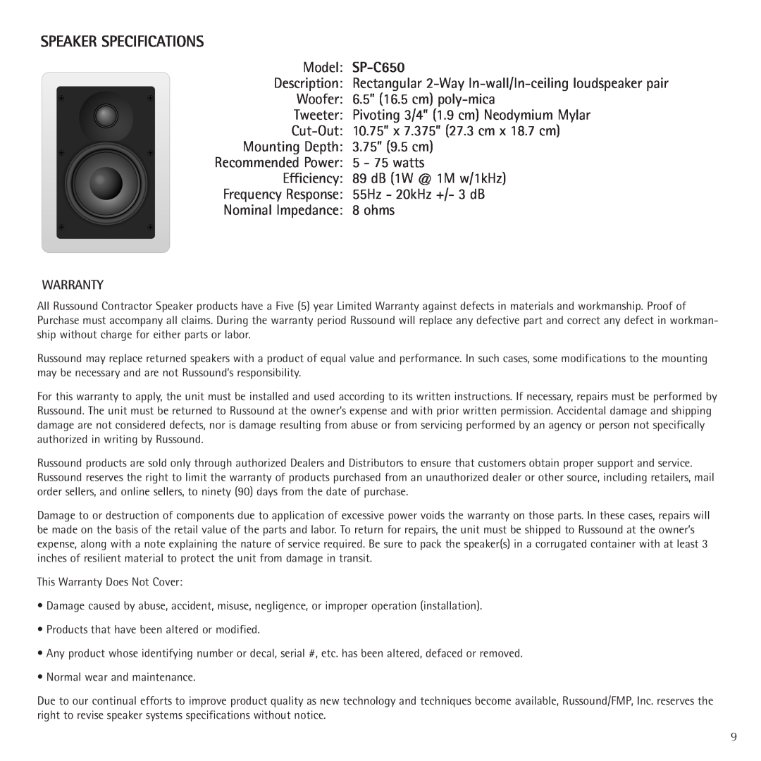 Russound Contractor Series manual SP-C650, Speaker Specifications 