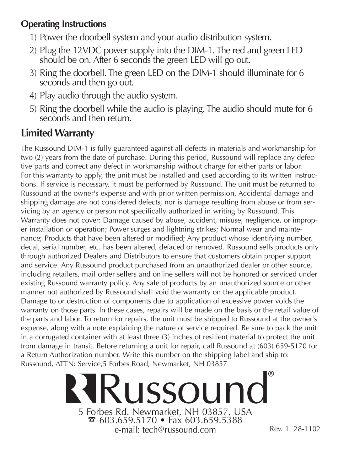 Russound DIM-1 Limited Warranty, Operating Instructions, 4Play audio through the audio system, 603.659.5170 Fax 