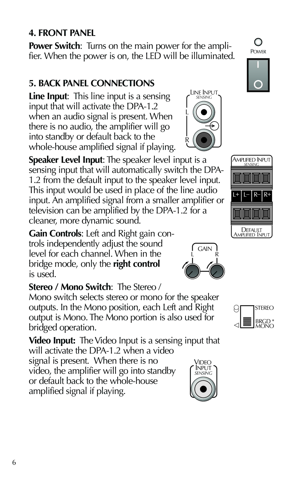 Russound DPA-1.2 instruction manual Front Panel, Back Panel Connections 