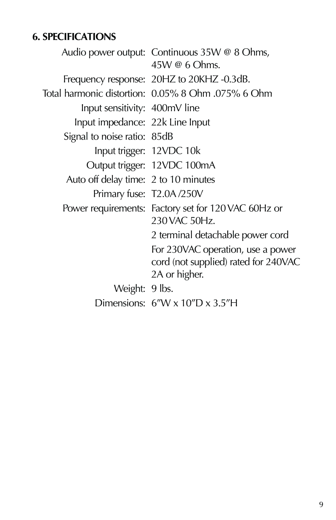 Russound DPA-1.2 instruction manual Specifications, Audio power output Continuous 35W @ 8 Ohms, 45W @ 6 Ohms 