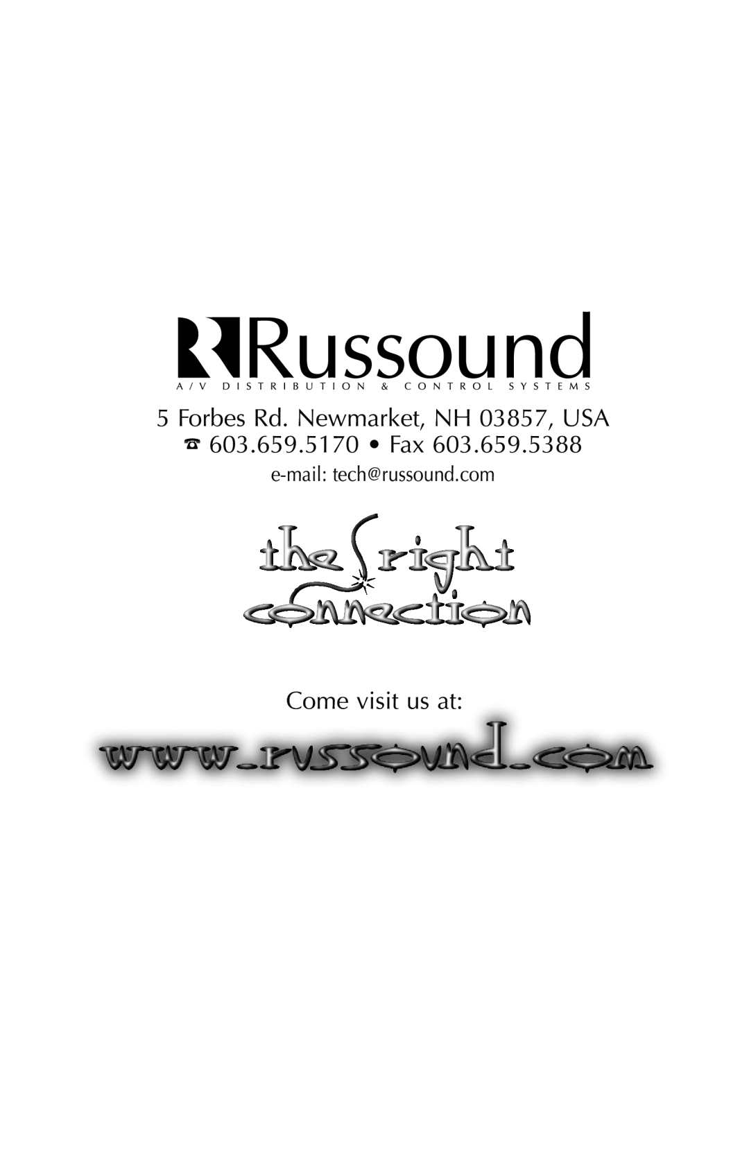 Russound DPA-1.2 instruction manual Forbes Rd. Newmarket, NH 03857, USA, 603.659.5170 Fax, Come visit us at 