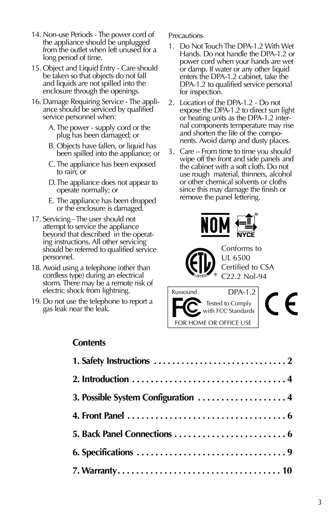Russound DPA-1.2 instruction manual Contents 