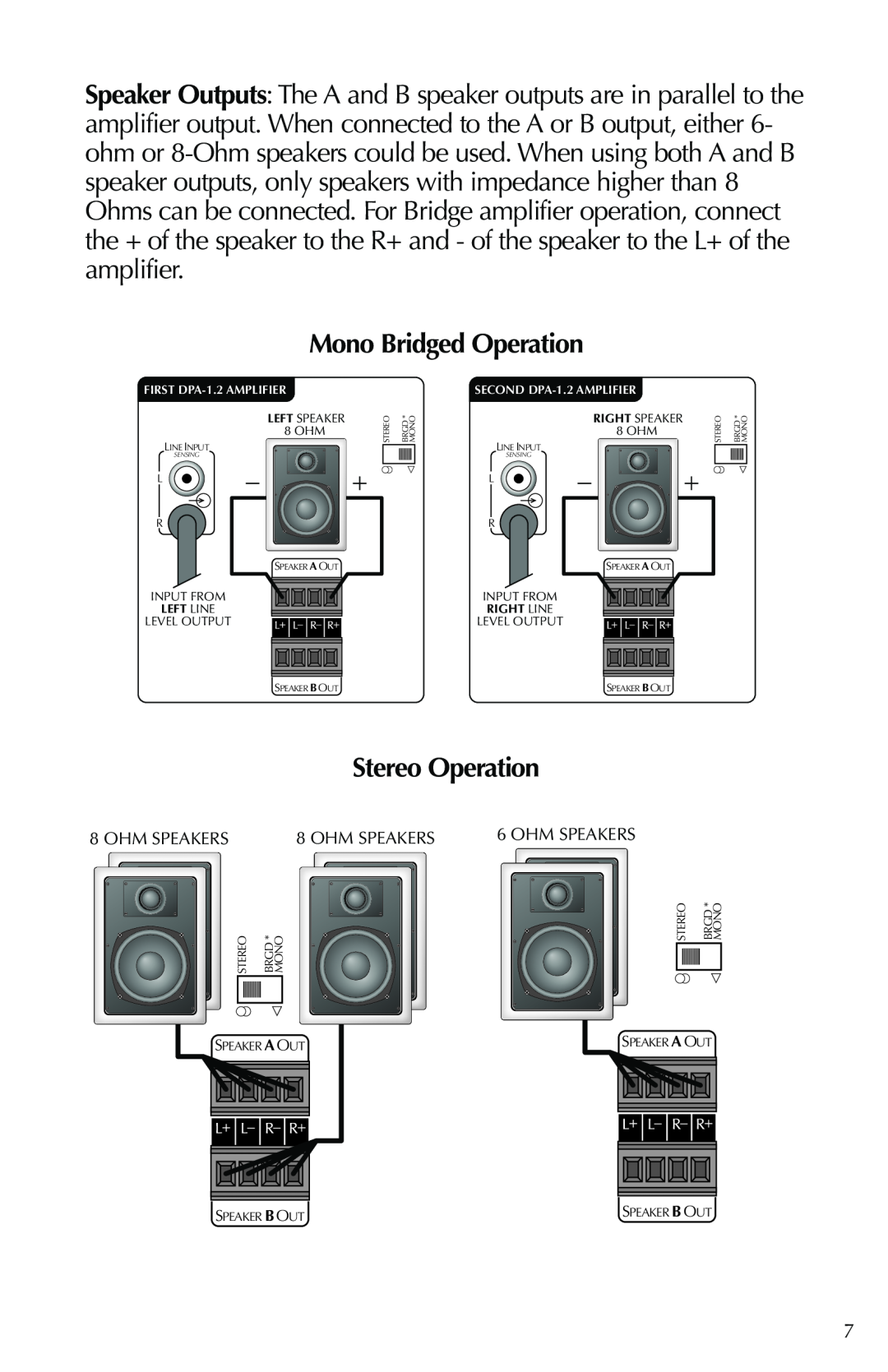 Russound DPA-1.2 instruction manual Mono Bridged Operation, Stereo Operation, Ohm Speakers 