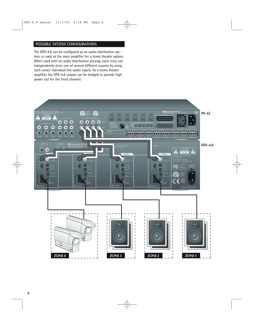 Russound DPA-4.8 instruction manual Possible System Configurations, PR-4Z 