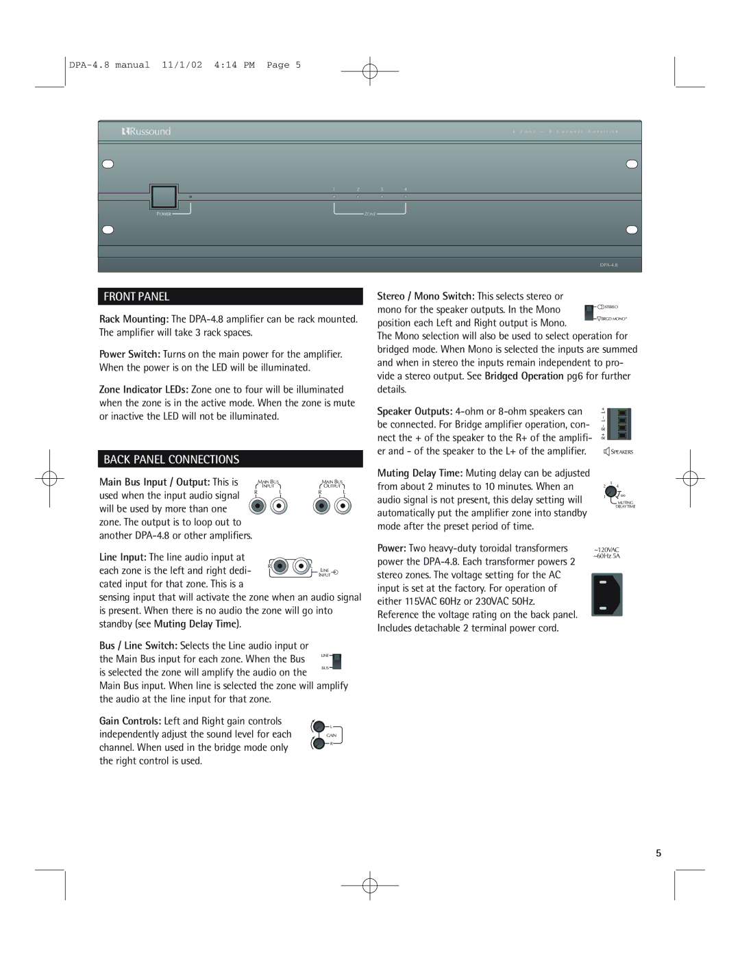 Russound DPA-4.8 instruction manual Front Panel, Back Panel Connections 