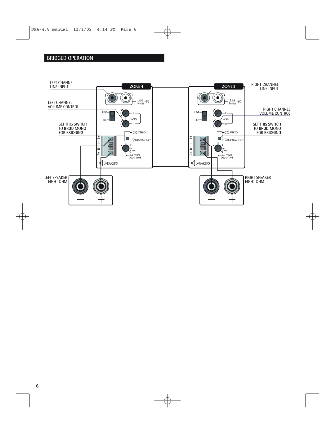 Russound DPA-4.8 instruction manual Bridged Operation, Zone 