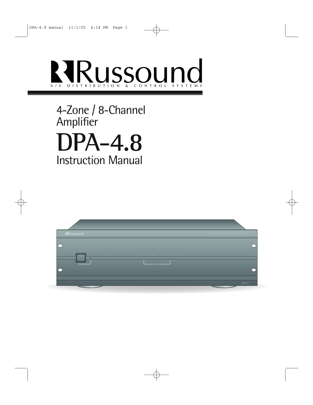 Russound instruction manual Zone / 8-ChannelAmplifier, DPA-4.8manual 11/1/02 4 14 PM Page, Power 