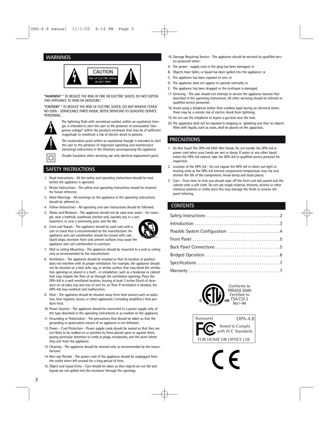 Russound DPA-4.8 Warnings, Safety Instructions, Precautions, Contents, Conforms to ANSI/UL Certified to CSA C22.2 No1-94 
