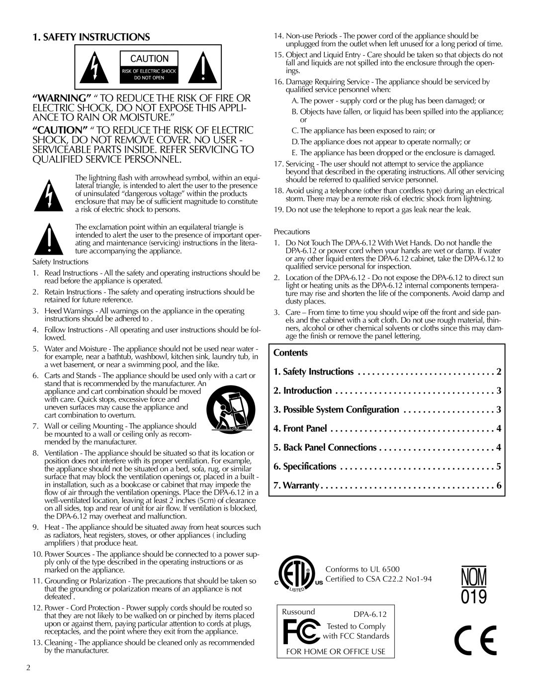 Russound DPA-6.12 instruction manual Safety Instructions, Contents 