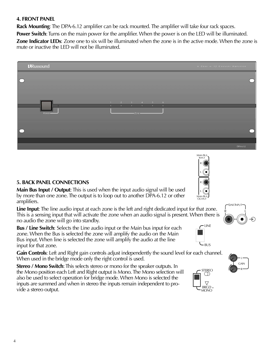 Russound DPA-6.12 instruction manual Front Panel, Back Panel Connections 