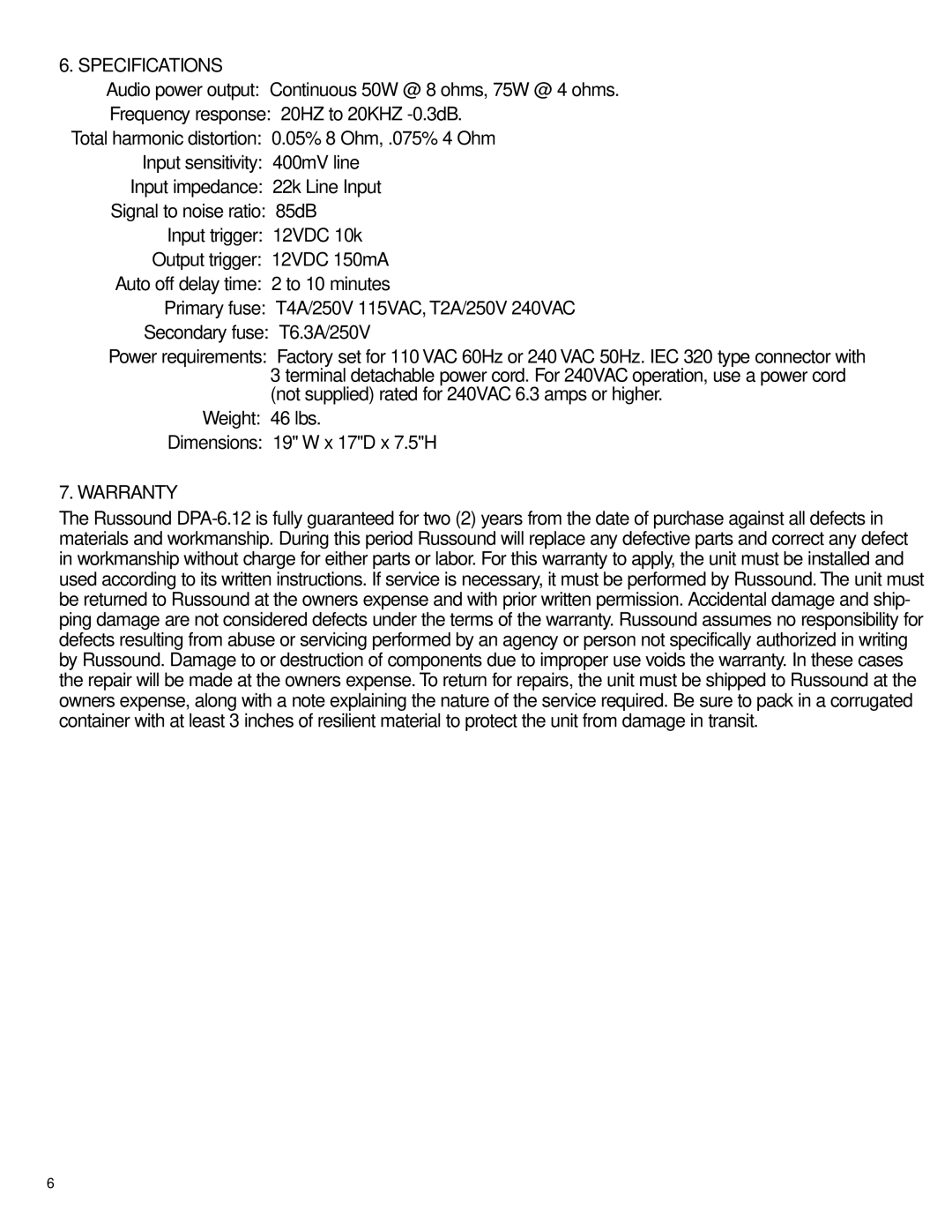 Russound DPA-6.12 instruction manual Specifications, Warranty 