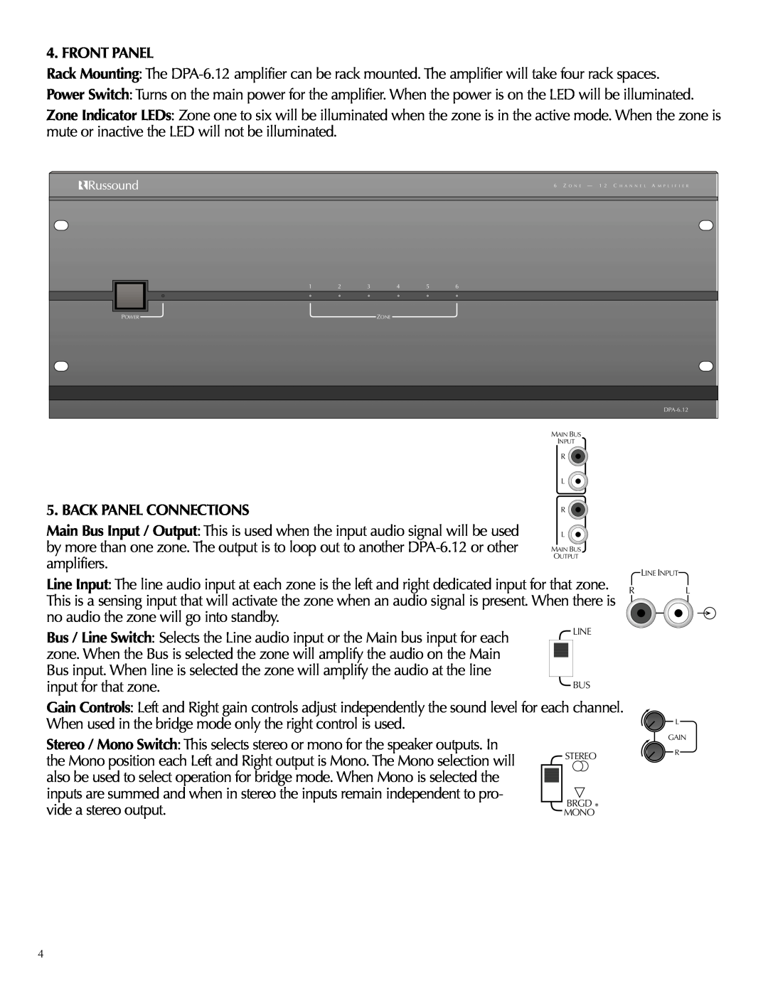 Russound DPA-6.12 instruction manual Front Panel, Back Panel Connections 