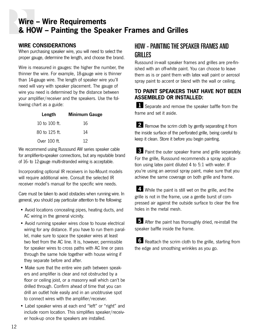 Russound In-Ceiling speaker owner manual Wire Considerations, To Paint Speakers That have not Been Assembled or Installed 