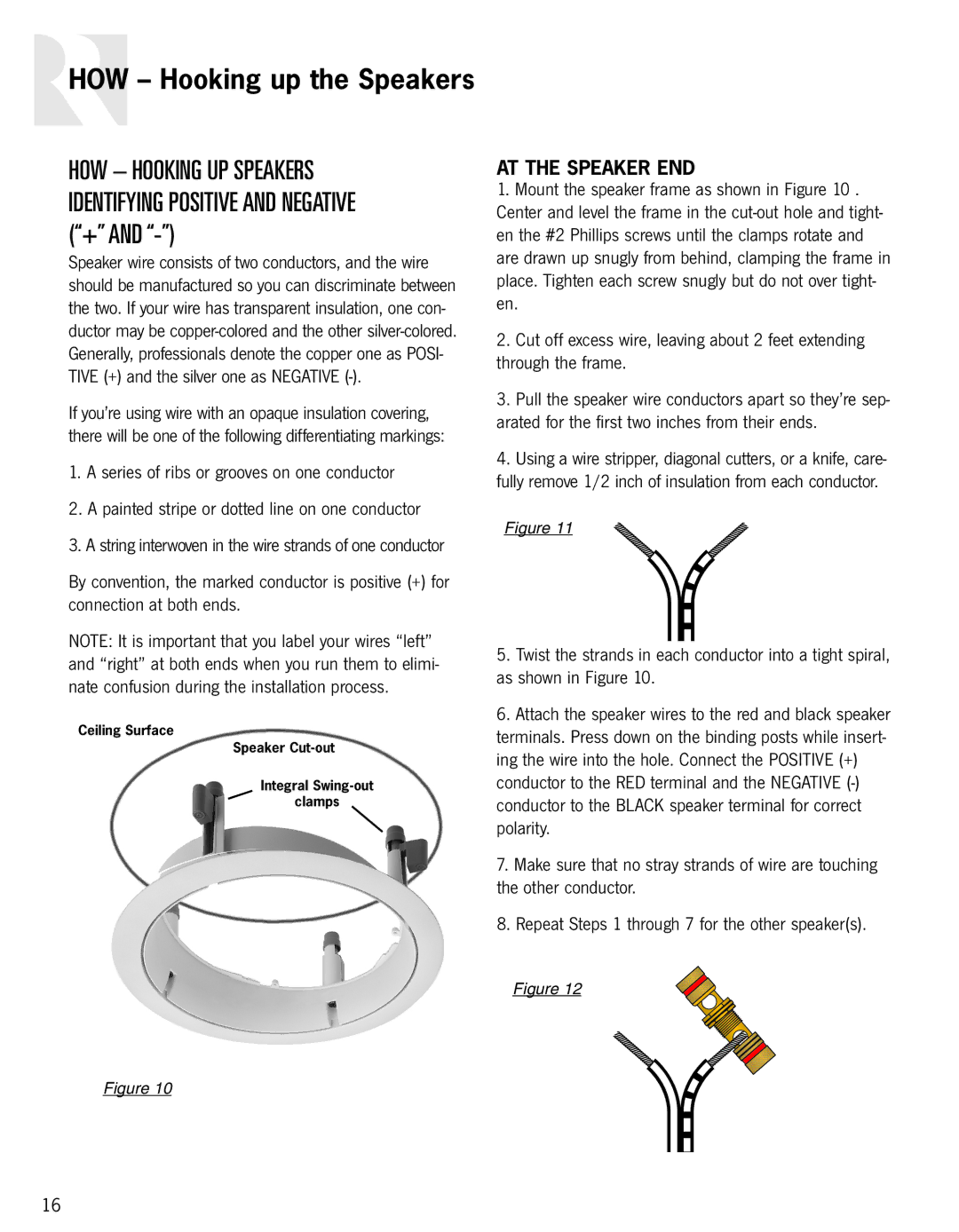 Russound In-Ceiling speaker owner manual HOW Hooking up the Speakers, AT the Speaker END 