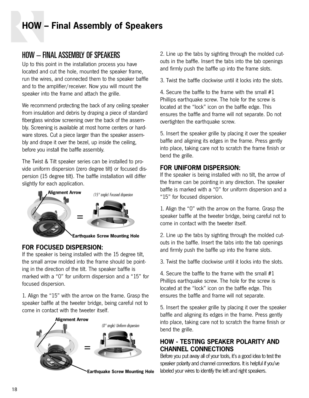 Russound In-Ceiling speaker owner manual HOW Final Assembly of Speakers, For Focused Dispersion, For Uniform Dispersion 