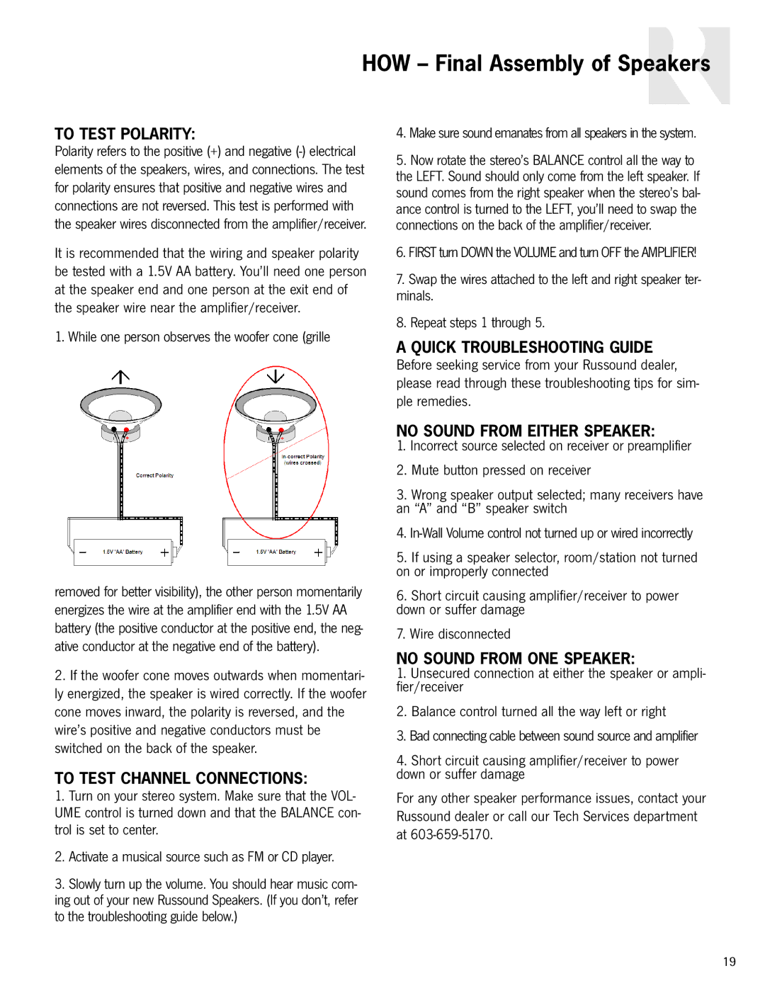 Russound In-Ceiling speaker owner manual To Test Polarity, To Test Channel Connections, No Sound from Either Speaker 