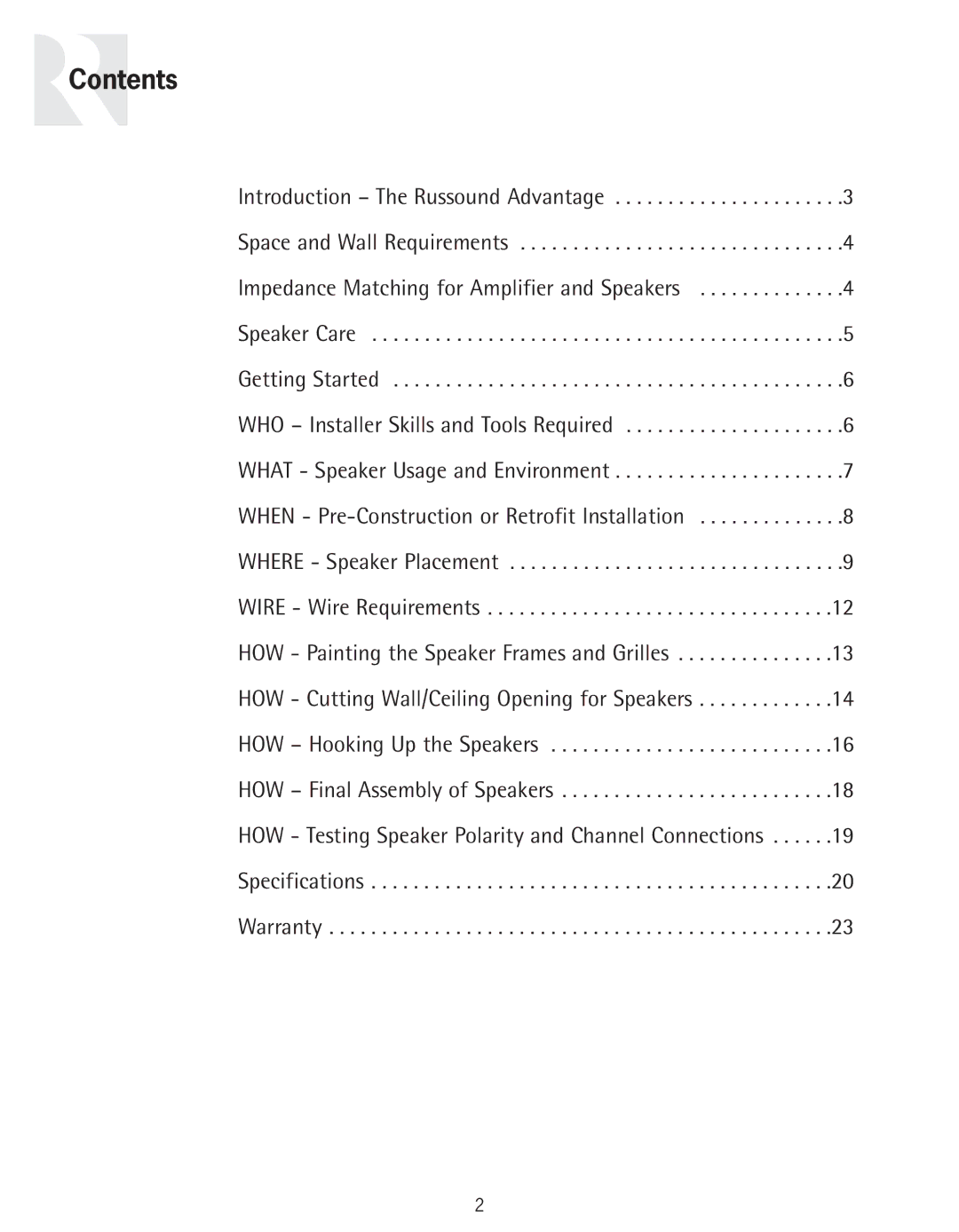 Russound In-Ceiling speaker owner manual Contents 