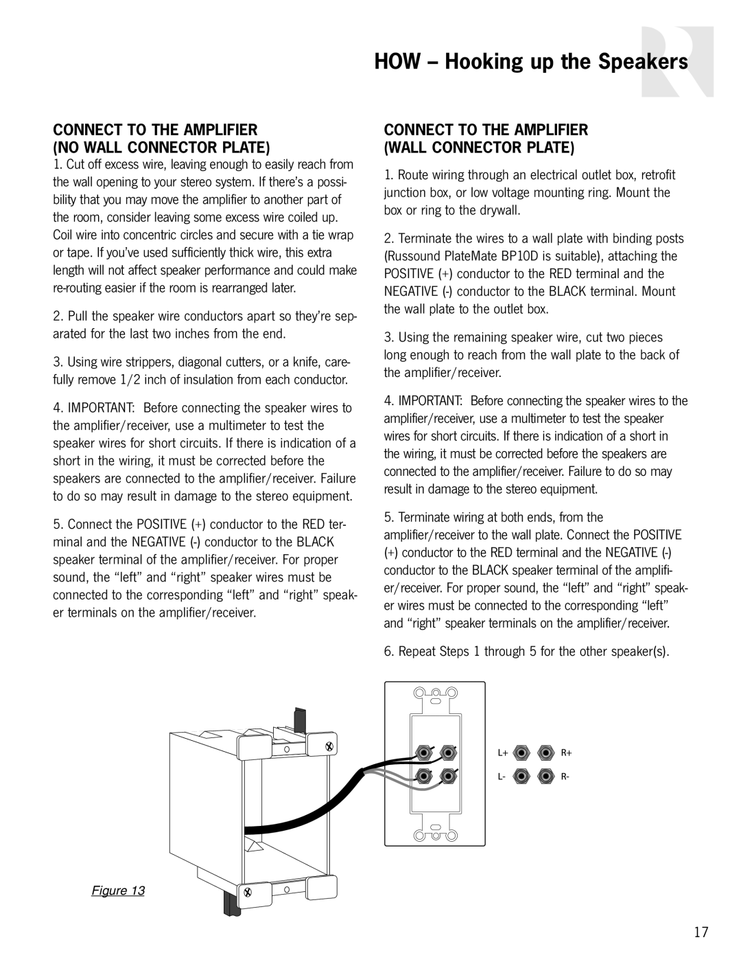Russound In-Ceiling speaker owner manual HOW - Hooking up the Speakers, Connect To The Amplifier No Wall Connector Plate 
