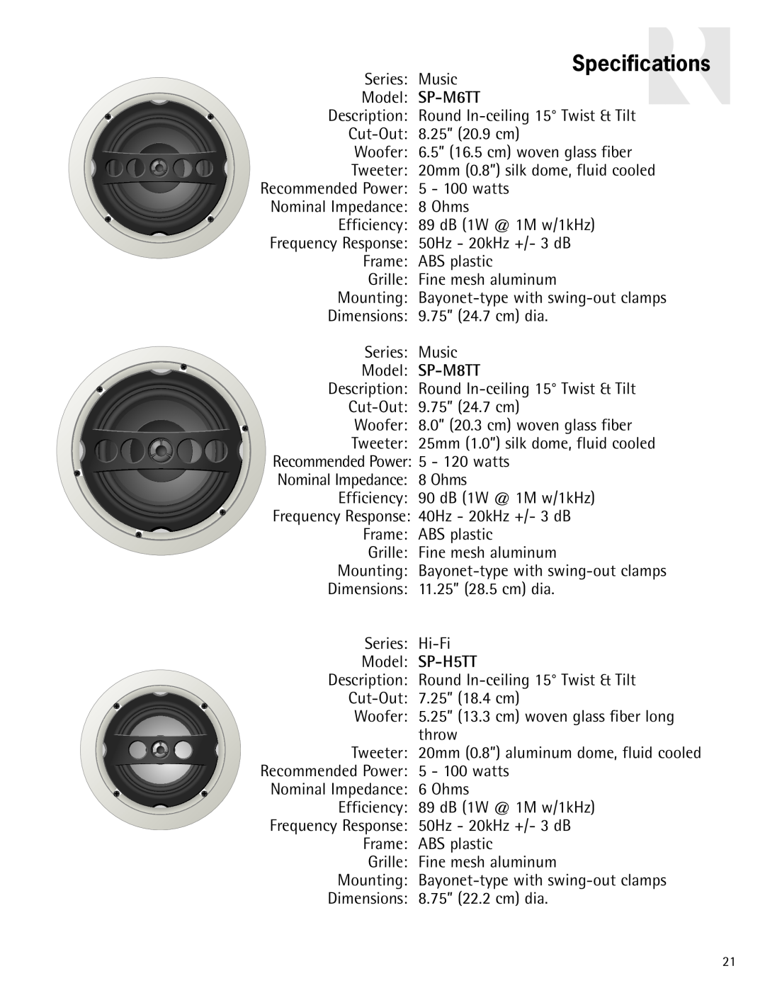 Russound In-Ceiling speaker owner manual SP-M6TT, SP-M8TT, SP-H5TT, Specifications 