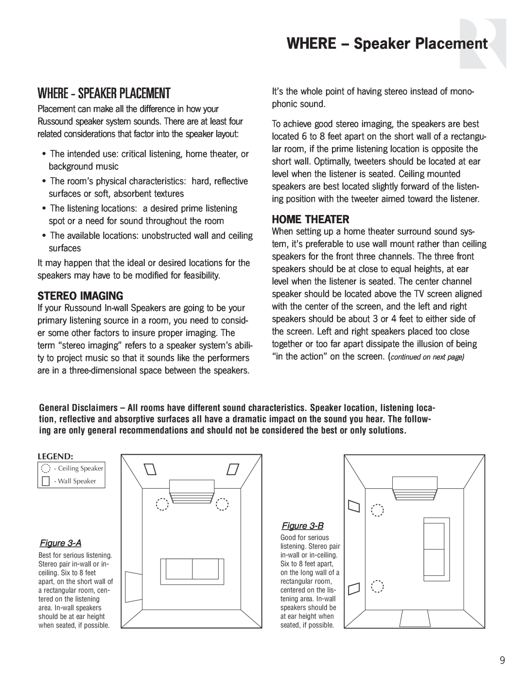 Russound In-Ceiling speaker owner manual WHERE - Speaker Placement, Where - Speaker Placement, Stereo Imaging, Home Theater 