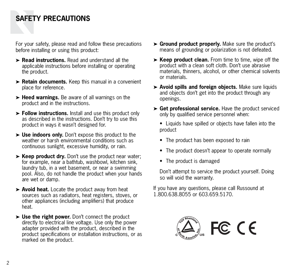 Russound ISH1 instruction manual Safety Precautions 