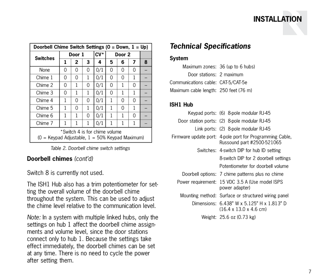 Russound ISH1 instruction manual Technical Specifications, Doorbell chimes cont’d 