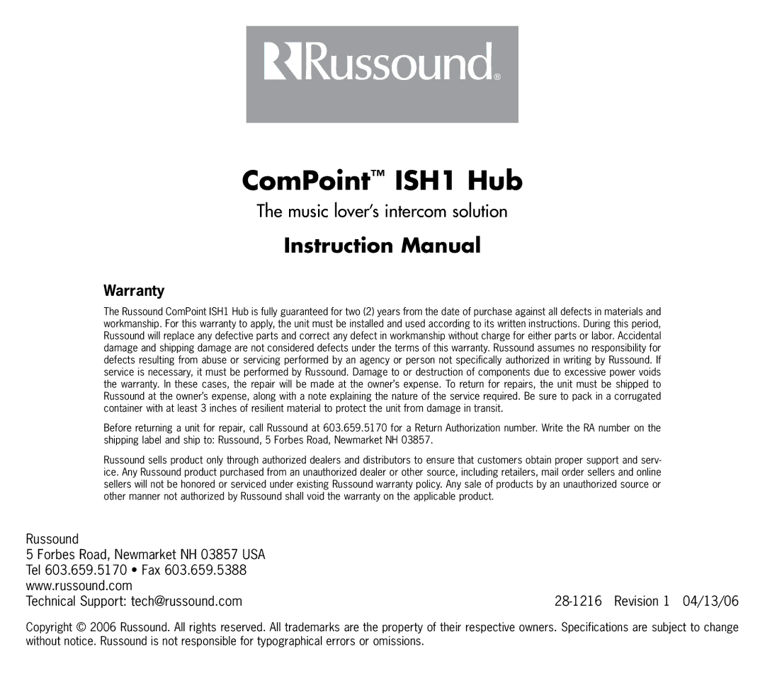 Russound instruction manual ComPoint ISH1 Hub, Warranty 