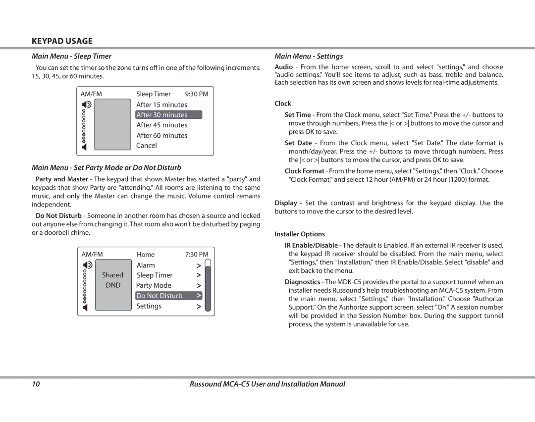 Russound MCA-C5 Main Menu Sleep Timer, Main Menu Set Party Mode or Do Not Disturb, Main Menu Settings, Clock 