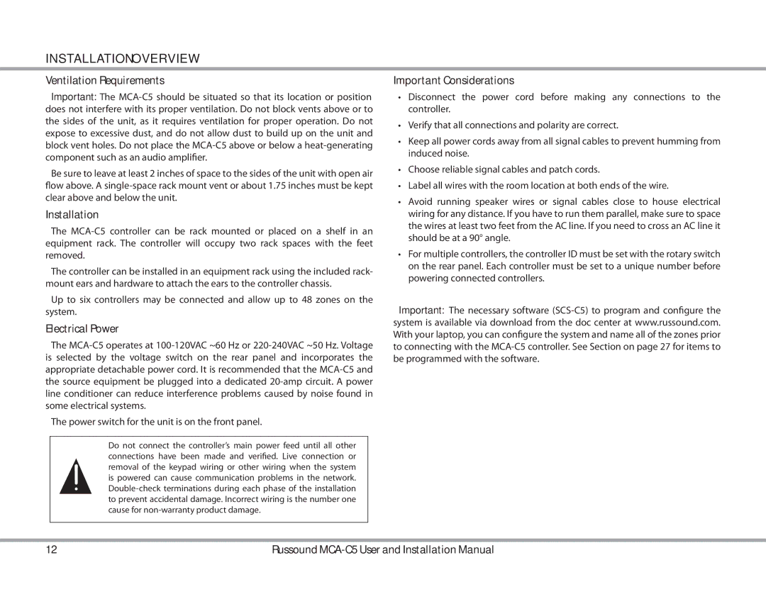 Russound MCA-C5 Installation Overview, Ventilation Requirements, Electrical Power, Important Considerations 