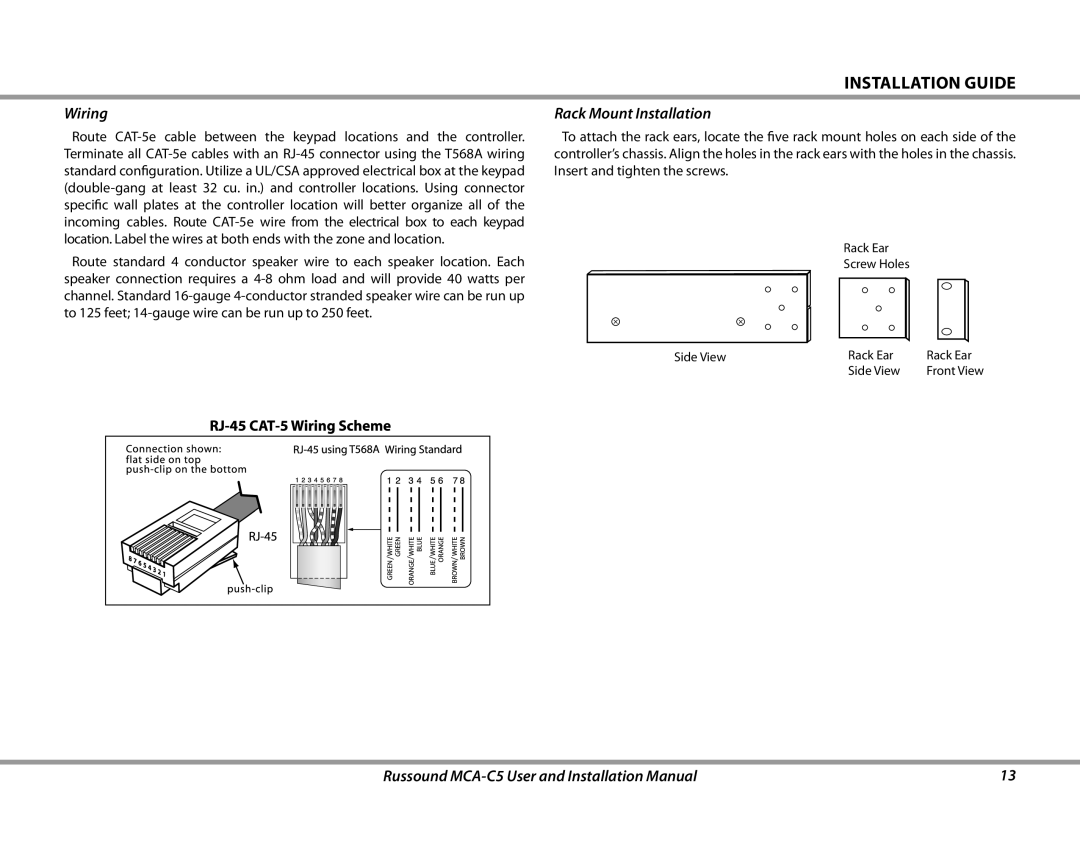 Russound MCA-C5 installation manual Installation Guide, Wiring, Rack Mount Installation 