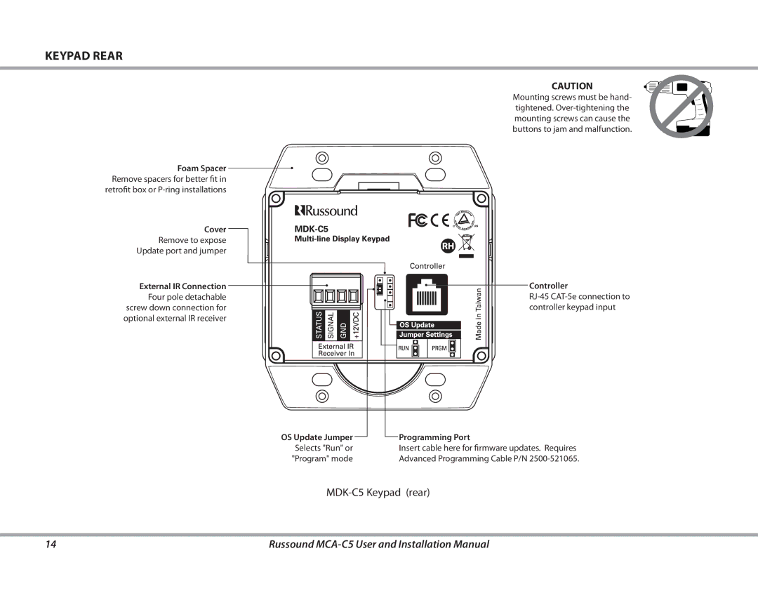 Russound MCA-C5 installation manual Keypad rear, Cover 