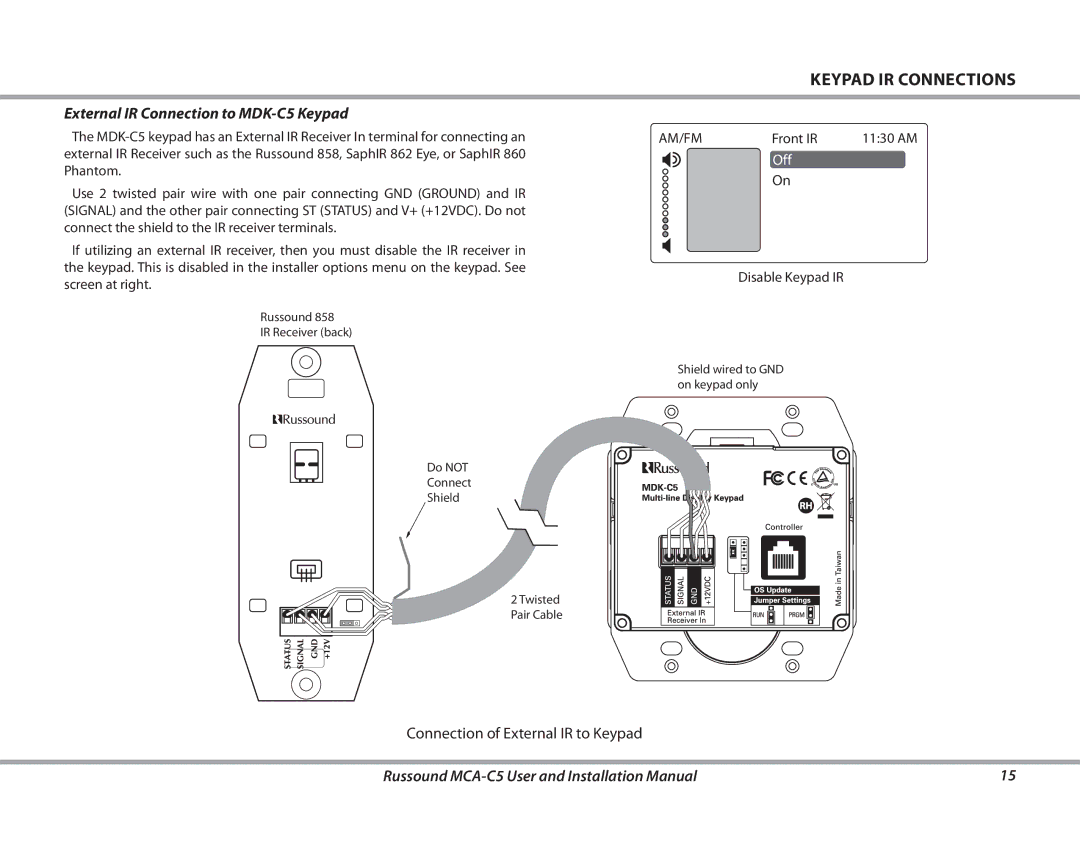 Russound MCA-C5 installation manual Keypad IR Connections, External IR Connection to MDK-C5 Keypad 