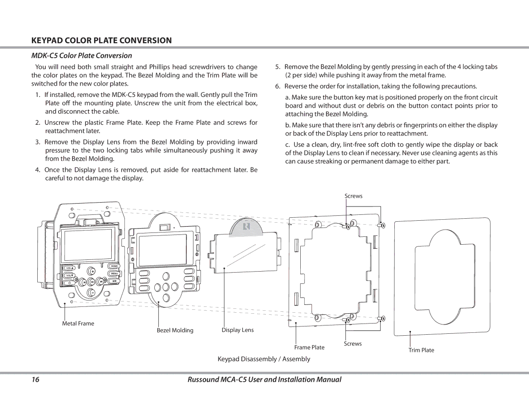 Russound MCA-C5 installation manual Keypad Color Plate Conversion, MDK-C5 Color Plate Conversion 