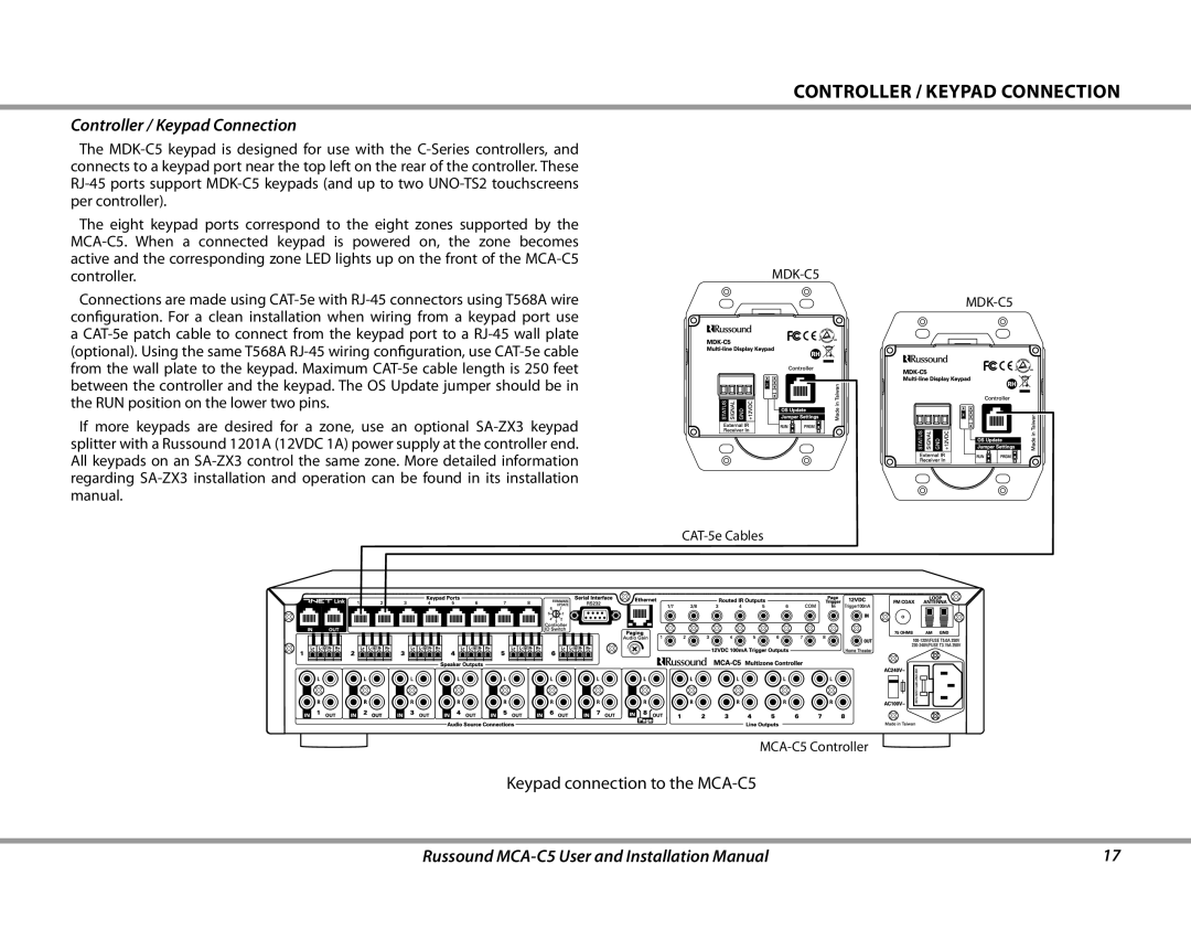 Russound MCA-C5 installation manual COntroller / Keypad connection, Controller / Keypad Connection 