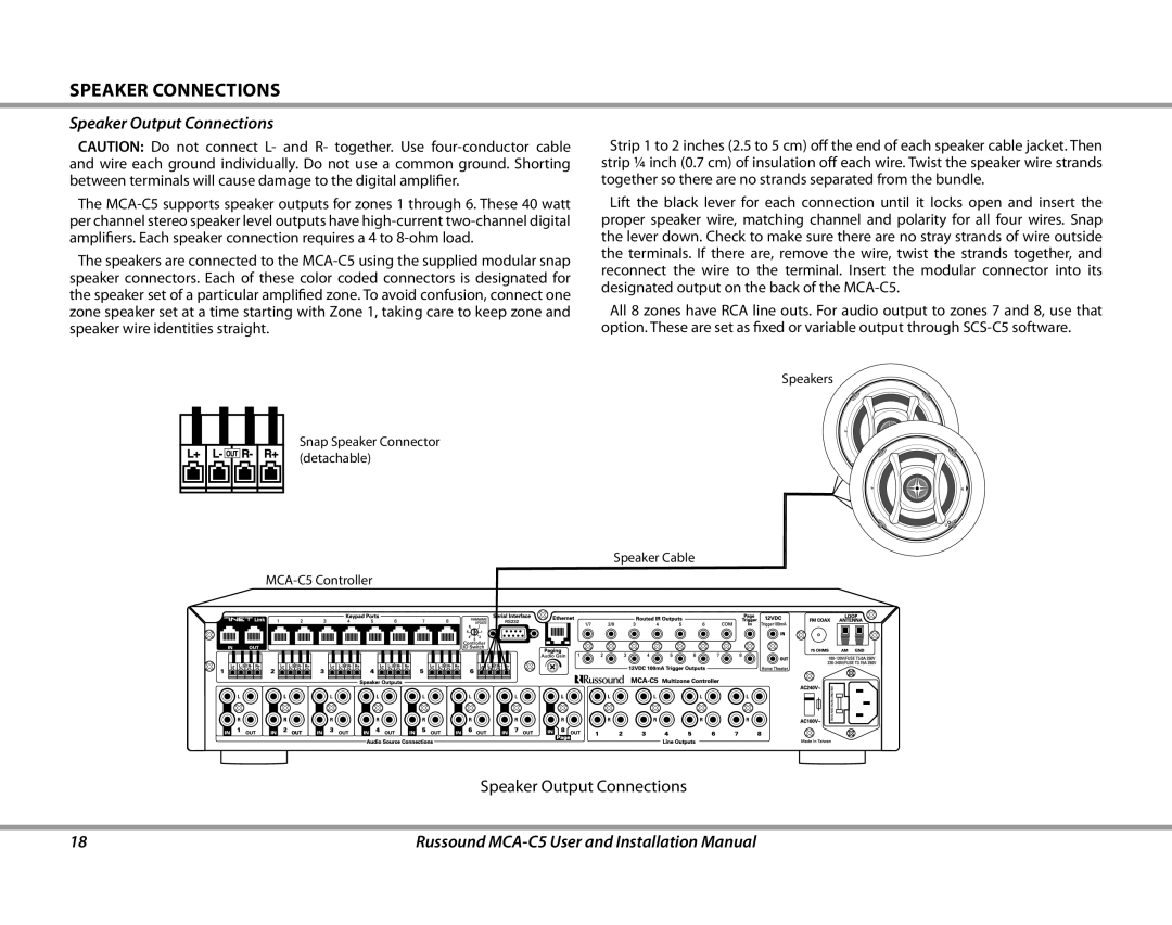 Russound MCA-C5 installation manual Speaker connections, Speaker Output Connections 