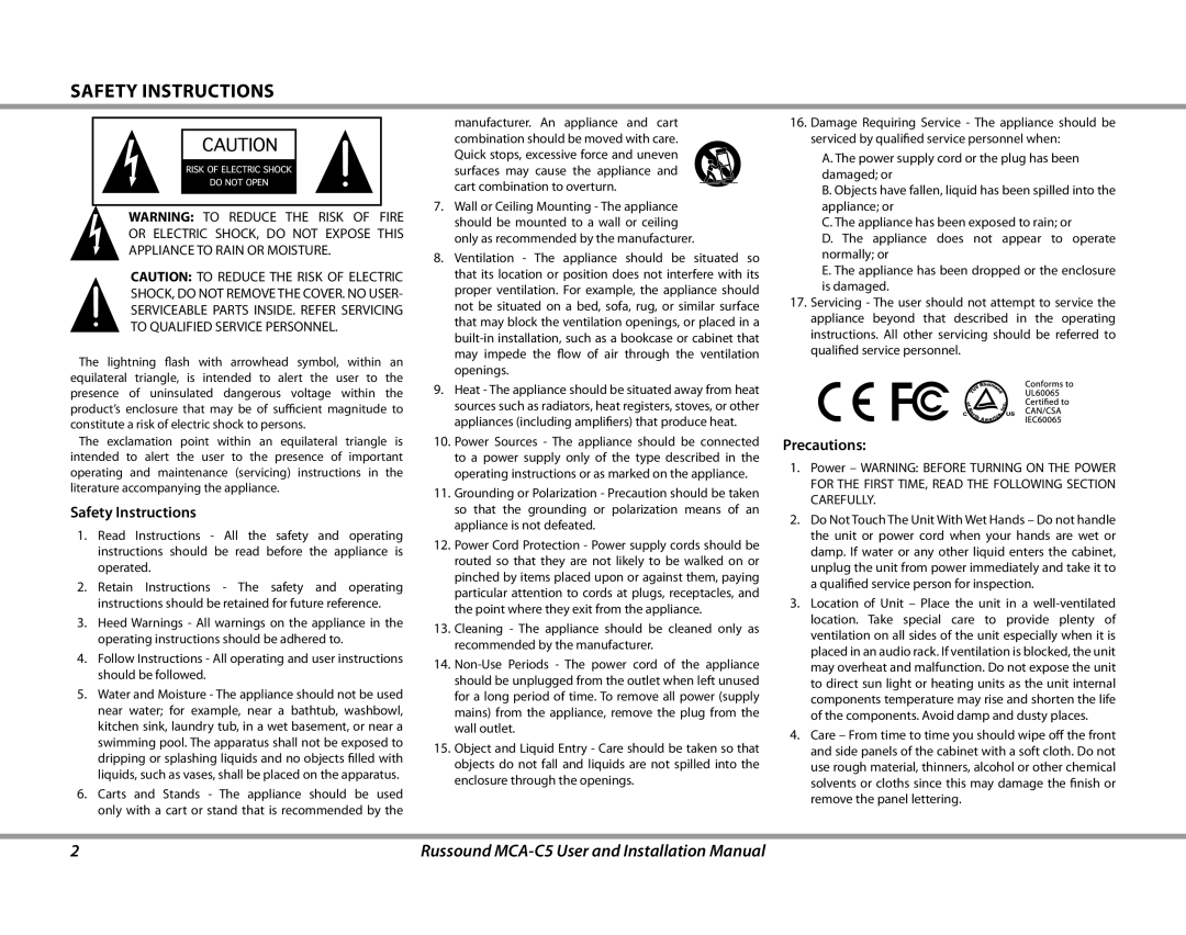 Russound installation manual Russound MCA-C5 User and Installation Manual, Safety Instructions, Precautions 