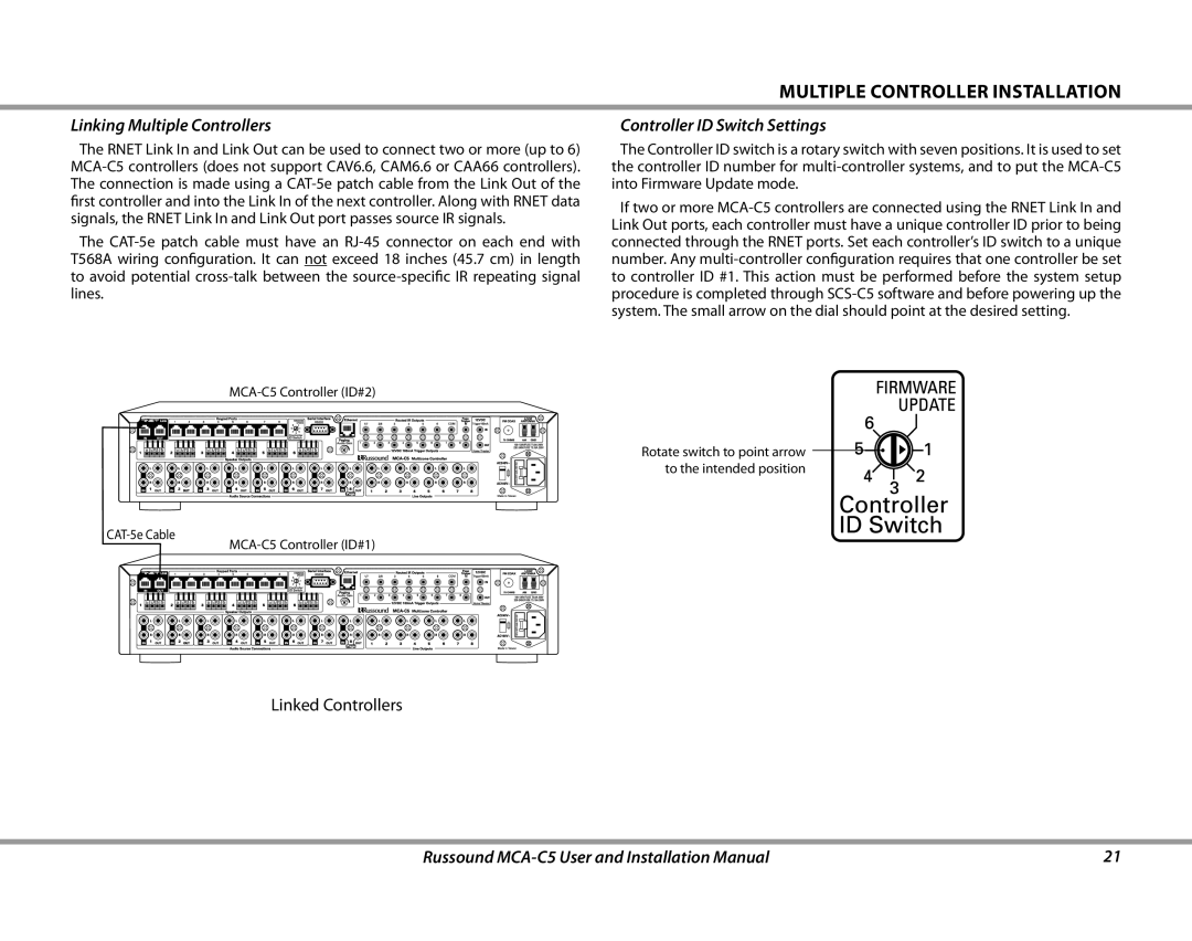 Russound MCA-C5 Multiple Controller INstallation, Linking Multiple Controllers, Controller ID Switch Settings 