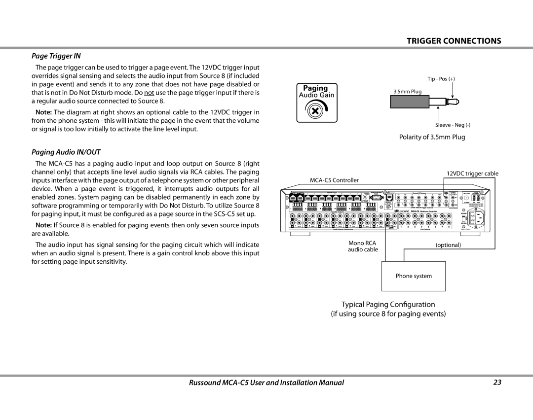 Russound MCA-C5 installation manual Trigger, Paging Audio IN/OUT 