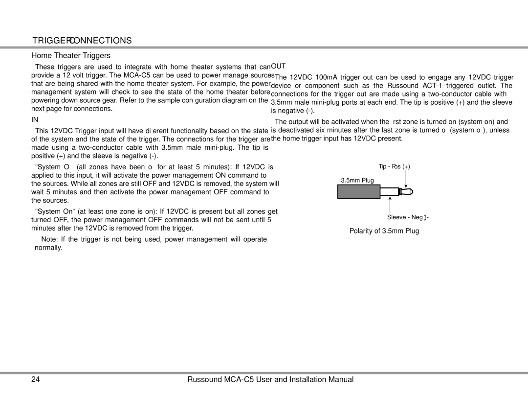 Russound MCA-C5 installation manual Home Theater Triggers, Out 