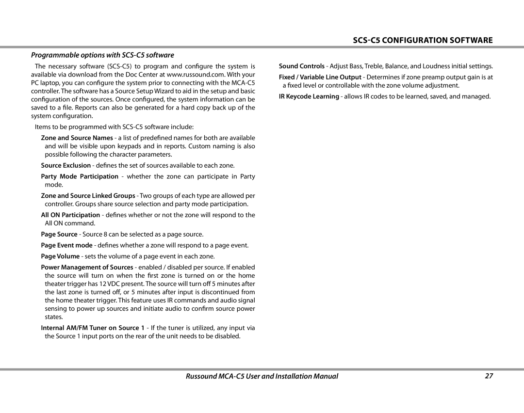 Russound MCA-C5 installation manual SCS-C5 Configuration Software, Programmable options with SCS-C5 software 