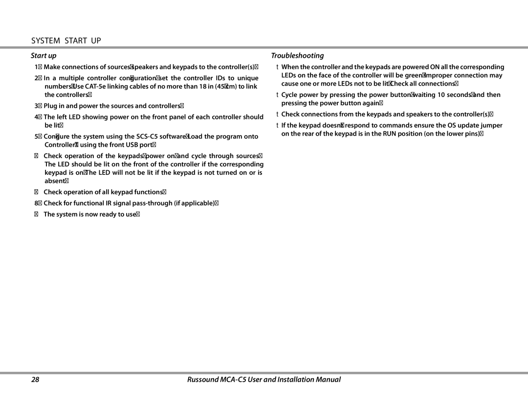 Russound MCA-C5 installation manual System Start up, Troubleshooting 