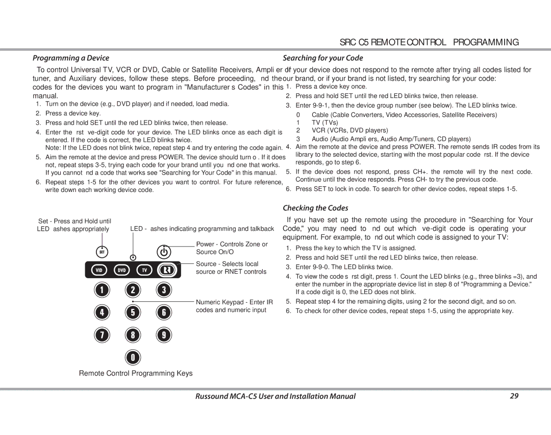 Russound MCA-C5 SRC-C5 Remote Control Programming, Programming a Device, Searching for your Code, Checking the Codes 