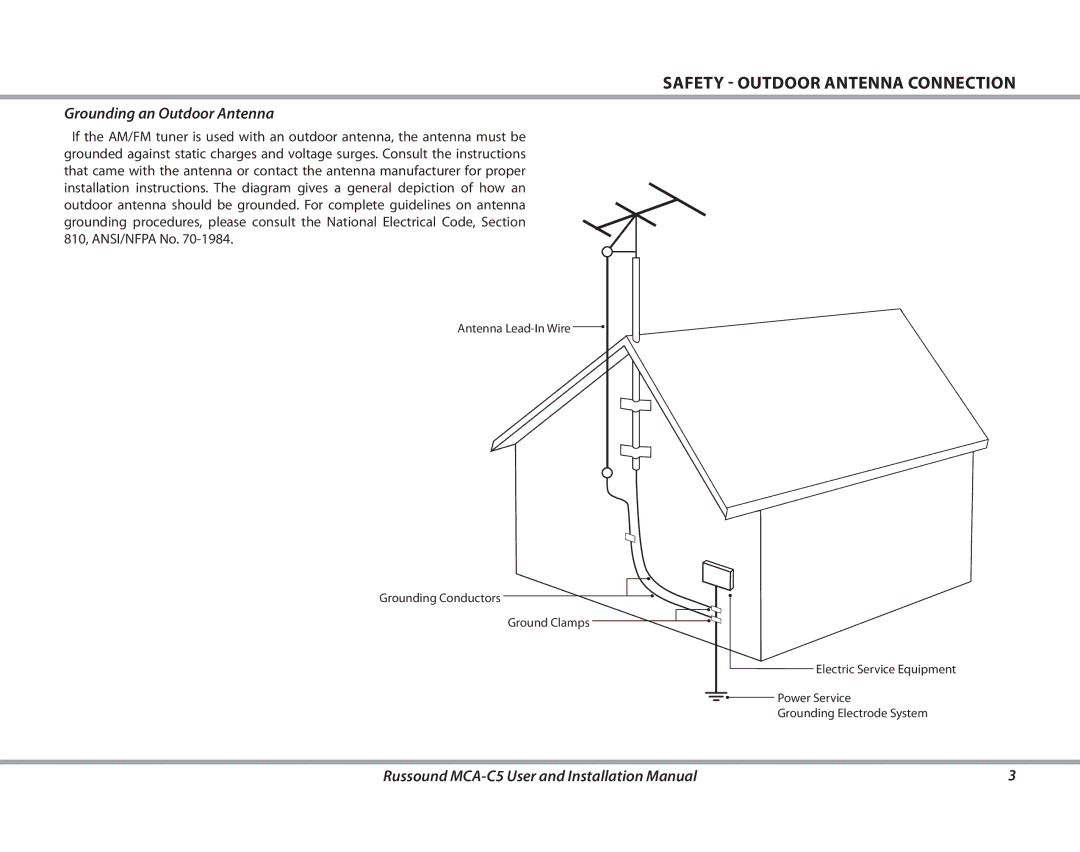 Russound MCA-C5 installation manual Safety Outdoor Antenna Connection, Grounding an Outdoor Antenna 